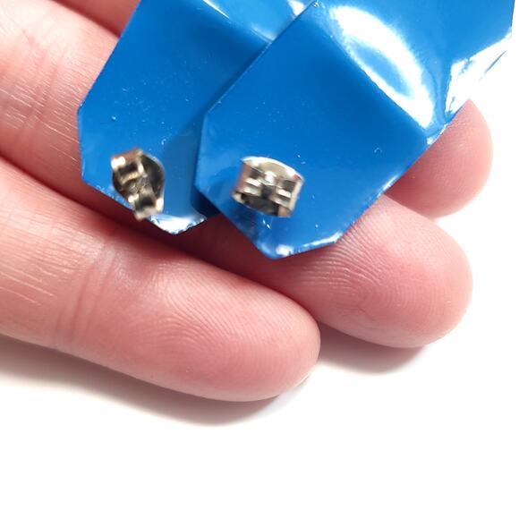 Vintage Blue Metal Octagonal Shaped Earrings, Glossy Finish, Bold Statement - Picture 8 of 10